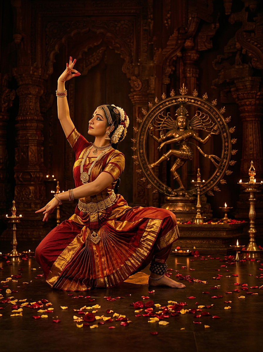 Bharatanatyam dancer in temple jewellery before a Nataraja statue